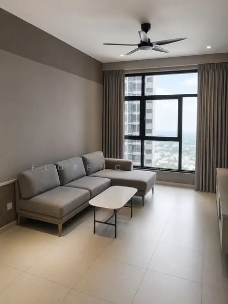 Living features: 3-seater fabric sofa in grey, coffee table, floor-to-ceiling windows, city view, 5-blade ceiling fan, light-coloured tile flooring, curtains, wall-mounted TV console, neutral painted walls; style: modern; view: city.