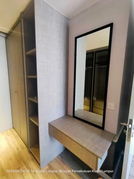 Room features: built-in wardrobe with sliding doors, full-length mirror, wooden flooring, wall-mounted light switch, shelf unit, vanity table with drawer, neutral wall color, minimalist design; style: modern.