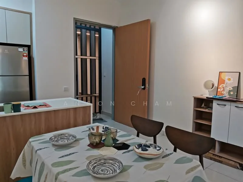 Dining features: dining table with patterned tablecloth, 4 dining chairs, decorative plates, cutlery, kitchen island with countertop, stainless-steel fridge, wooden cabinet, wall-mounted mirror, door leading to hallway, light fixture on wall; style: modern.