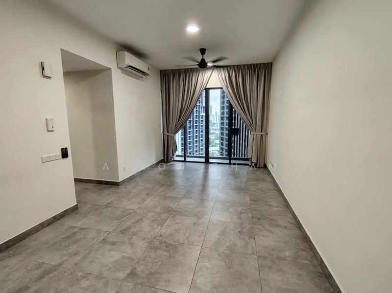Living features: grey tiled flooring, white painted walls, recessed downlights, 5-blade ceiling fan, floor-to-ceiling windows, sheer curtains, sliding glass door, balcony access, air conditioning unit; style: modern; view: city.