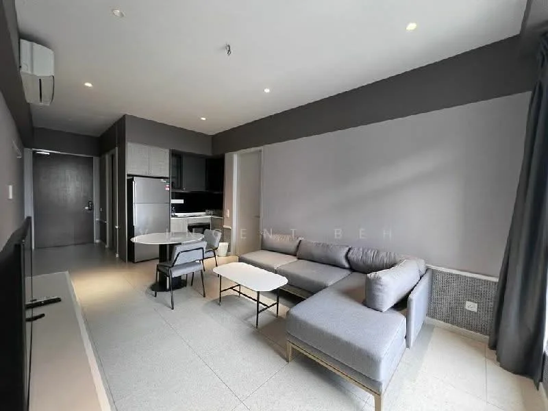 Living features: grey fabric sectional sofa, coffee table, wall-mounted TV, floor-to-ceiling windows, recessed downlights, light grey painted walls, tile flooring, air conditioning unit, curtains, open layout to kitchen, decorative wall paneling; style: modern.