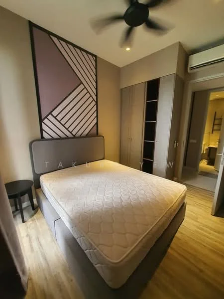 Bedroom features: queen-size bed, upholstered headboard, wooden flooring, ceiling fan, built-in wardrobe, decorative accent wall with geometric pattern, nightstand, natural light from window, neutral wall color, recessed lighting; style: modern.