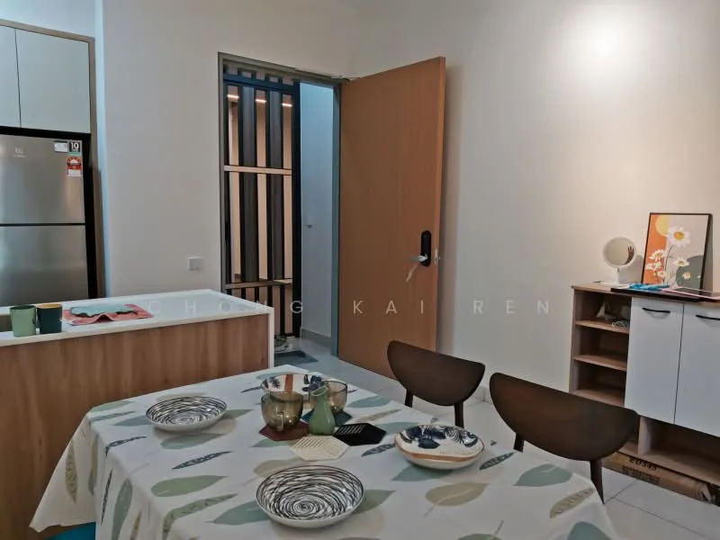Dining features: wooden dining table, 4 dining chairs, tablecloth with leaf pattern, decorative plates, cutlery, glassware, wall-mounted mirror, built-in cabinetry, refrigerator, door leading to hallway; style: modern. Room features: wooden door, interior wall, light fixture.