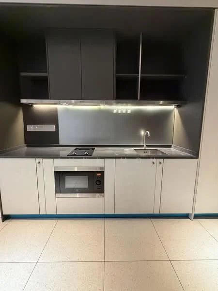 Kitchen features: grey cabinetry, white lower cabinets, stainless-steel sink, chrome faucet, built-in microwave, 4-burner gas hob, grey backsplash, under-cabinet lighting, open shelving, tile flooring; style: modern.