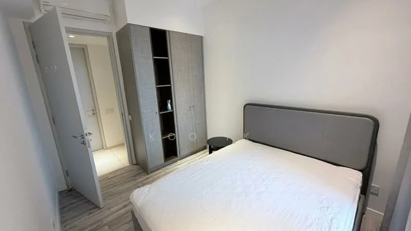 Bedroom features: queen-size bed with grey upholstered headboard, built-in wardrobe with grey finish, white walls, laminate flooring, recessed downlights, floor-to-ceiling window, sliding door, neutral decor; style: modern.