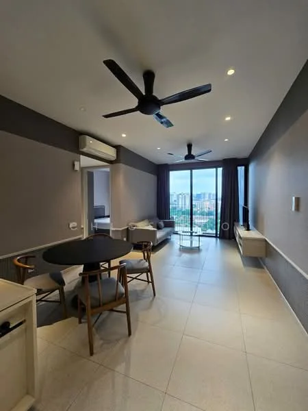 Living features: floor-to-ceiling windows, grey painted walls, light-colored tile flooring, 2 ceiling fans, sofa, coffee table, TV console, wall-mounted TV, dining table with 4 chairs, curtains, recessed downlights; style: modern; view: city.
