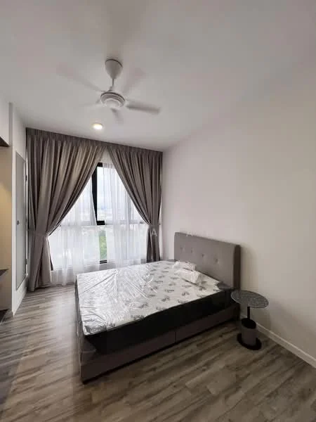 Bedroom features: queen-size bed, upholstered headboard, bedside table, floor-to-ceiling window, sheer curtains, grey painted walls, wooden flooring, ceiling fan with light, decorative wall, light fixture, area rug; style: modern; view: city.