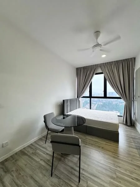 Bedroom features: queen-size bed frame without mattress, 2-seater grey upholstered chairs, round glass dining table, floor-to-ceiling windows, grey curtains, light wood laminate flooring, ceiling fan with light, white painted walls; style: modern; view: city.