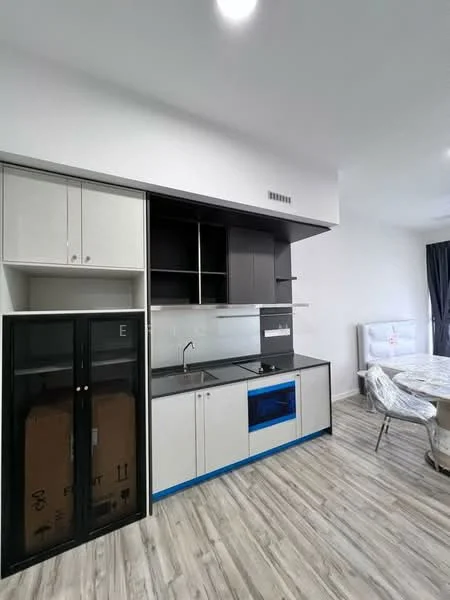 Kitchen features: white cabinetry, black cabinetry, stainless-steel sink, chrome faucet, built-in oven, induction cooktop, black refrigerator, open shelving, wooden flooring, recessed lighting; style: modern.