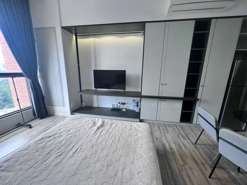 Bedroom features: queen-size bed with beige bedding, built-in wardrobe with sliding doors, TV mounted on wall, floating shelf under TV, light wood flooring, large window with blue curtains, air conditioning unit, desk and chair, neutral wall color, decorative wall paneling; style: modern; view: city.