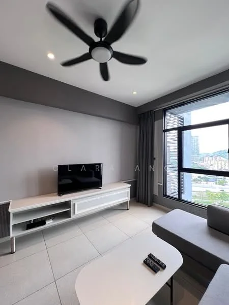 Living features: grey painted walls, floor-to-ceiling windows, sliding glass door, 5-blade ceiling fan with light, light-colored tiled flooring, TV console, wall-mounted TV, sofa, coffee table, curtains, decorative items on console; style: modern; view: city.