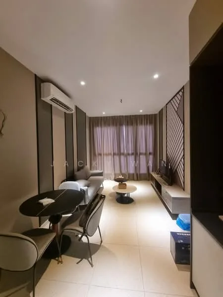 Living features: sofa, coffee table, TV console, wall-mounted TV, dining table, upholstered dining chairs, floor-to-ceiling windows, curtains, wall-mounted split AC, recessed downlights, cream painted walls, tile flooring; style: modern.