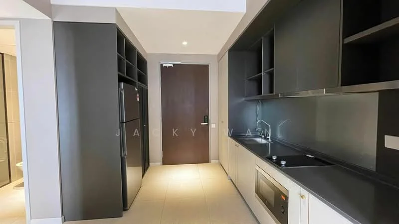 Kitchen features: black cabinetry, white lower cabinets, stainless-steel fridge, built-in microwave, single-bowl stainless-steel sink, chrome pull-down faucet, granite countertop, tile backsplash, open shelving, light-colored tile flooring, recessed downlights; style: modern. Room features: main entrance door.