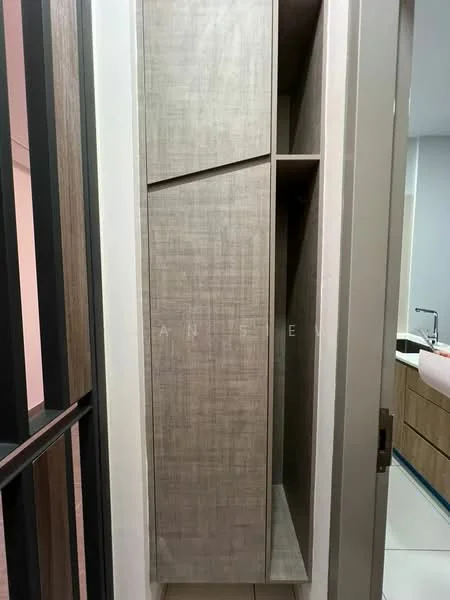 Room features: built-in cabinetry, light wood finish, vertical storage compartments, open shelving, smooth surface, neutral color scheme, modern design, minimalist style; style: modern.