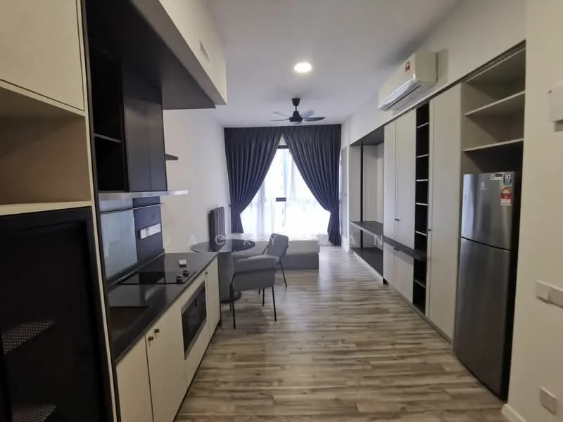 Living features: grey laminate flooring, white painted walls, black cabinetry, built-in microwave, stainless-steel fridge, black countertop, kitchen island with seating, 5-blade ceiling fan, floor-to-ceiling window, curtains, open shelving, dining table with chairs; style: modern.