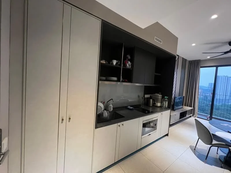Kitchen features: built-in cabinetry with light grey finish, black granite countertop, stainless-steel sink, built-in microwave, freestanding kettle, coffee machine, dishwasher, ceramic tile flooring, recessed downlights, floor-to-ceiling windows with city view, ceiling fan; style: modern; view: city.