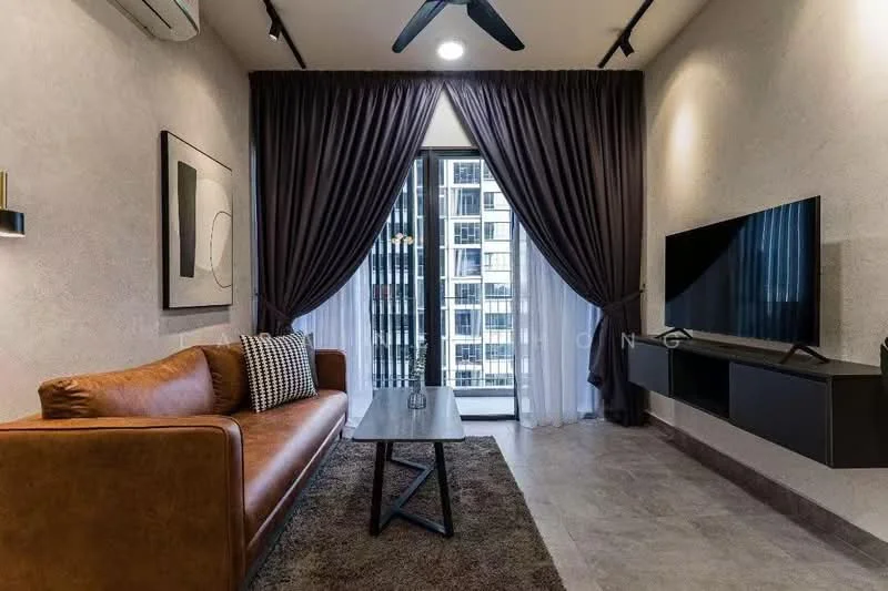 Living features: 3-seater leather sofa in brown, coffee table with black legs, wall-mounted TV, TV console, area rug with neutral color, floor-to-ceiling windows, sheer curtains, blackout curtains, ceiling fan with light, recessed downlights, decorative wall art; style: modern; view: city.