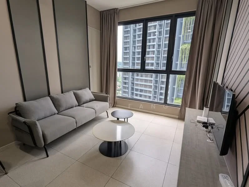 Living features: 3-seater fabric sofa in grey, round coffee table with black base, floor-to-ceiling windows, curtains in beige, light-coloured tiled flooring, wall-mounted TV, TV console with light wood finish, decorative wall paneling; style: modern; view: city.