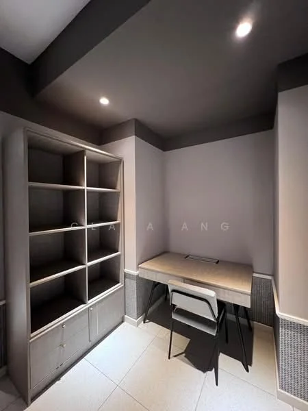 Study features: light grey painted walls, dark grey ceiling, built-in shelving unit, wooden desk, black chair, recessed downlights, tile flooring, textured wall paneling; style: modern.