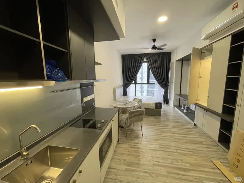 Kitchen features: single-bowl stainless-steel sink, chrome pull-down faucet, grey laminate countertop, black cabinetry, built-in oven, stainless-steel fridge, open shelving, grey wood-look flooring, recessed downlights; style: modern. Living features: floor-to-ceiling windows, blackout curtains, ceiling fan, queen-size bed, built-in wardrobe, light-coloured walls, wood-look flooring; style: modern.