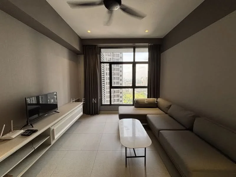 Living features: grey painted walls, floor-to-ceiling windows, light grey sectional sofa, white coffee table, TV console, wall-mounted TV, ceiling fan, recessed downlights, curtains, tile flooring; style: modern; view: city.