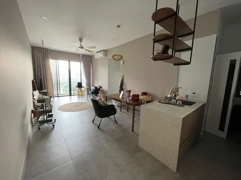 Living features: grey tiled flooring, light beige painted walls, 5-blade ceiling fan, floor-to-ceiling windows, sheer curtains, balcony access, round area rug, wooden dining table, black dining chairs, kitchen island with stone countertop, decorative pendant light, wall-mounted air conditioning unit; style: modern; view: city.