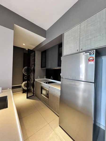 Kitchen features: grey cabinetry, stainless-steel fridge, built-in microwave, ceramic tile flooring, white countertop, single-bowl stainless-steel sink, chrome pull-down faucet, black glass cooktop, wall-mounted cabinets, recessed downlights; style: modern.
