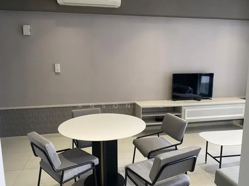 Living features: round white dining table, 4 grey upholstered chairs, wall-mounted TV, white TV console, grey accent wall, light-colored tile flooring, wall-mounted air conditioning unit, decorative wall paneling; style: modern.