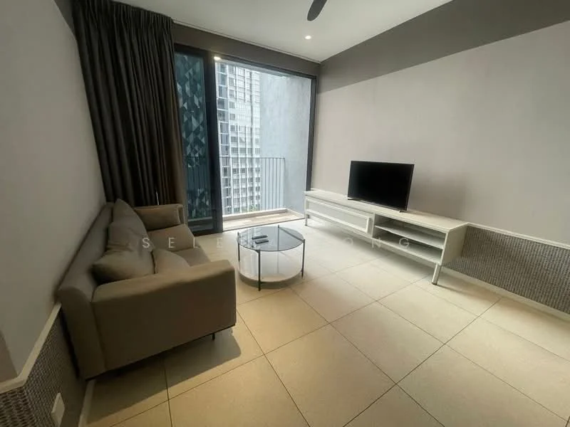 Living features: 3-seater fabric sofa in light grey, glass coffee table, TV console in white, wall-mounted TV, floor-to-ceiling windows, curtains in dark brown, light-coloured tiled flooring, ceiling fan; style: modern; view: city.