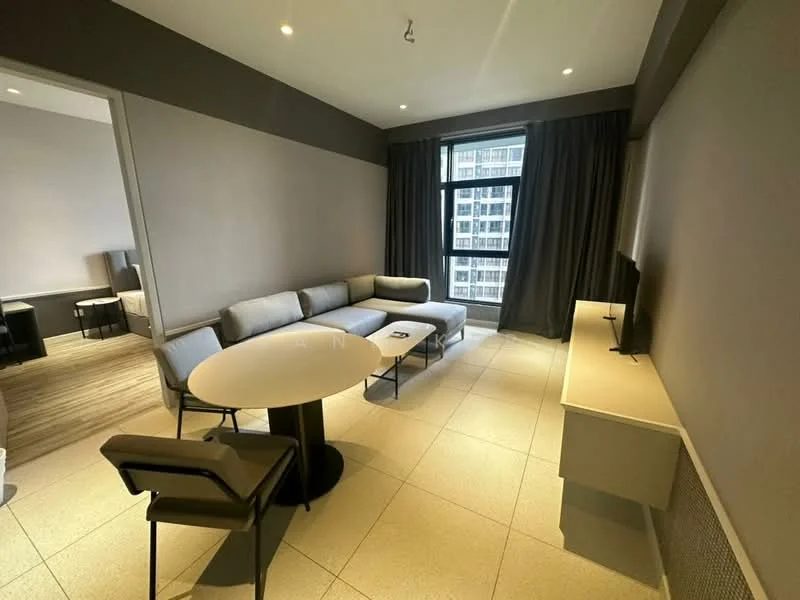 Living features: grey fabric sectional sofa, round dining table, black dining chairs, wall-mounted TV, light-colored tile flooring, floor-to-ceiling windows, dark curtains, neutral painted walls, side table, console table; style: modern; view: city.