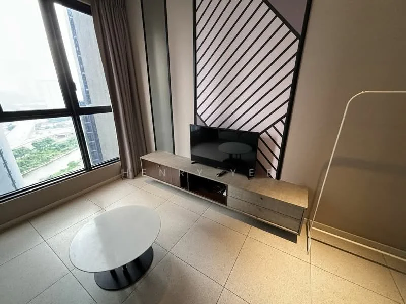 Living features: floor-to-ceiling windows, grey accent wall, light-colored tile flooring, wall-mounted TV, TV console with storage, round coffee table with glass top, curtains, decorative wall design; style: modern; view: city.