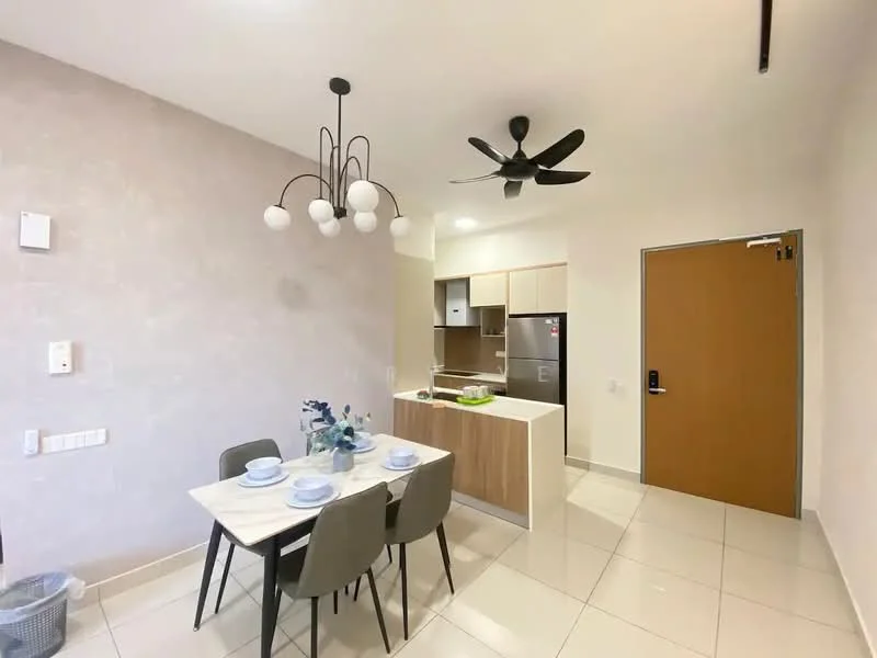 Dining features: 6-seater dining table with marble top, upholstered dining chairs in grey, pendant light fixture with multiple bulbs, wall-mounted light switch, cream painted walls, tile flooring, open kitchen area visible, refrigerator visible in kitchen area, kitchen cabinetry visible; style: modern.