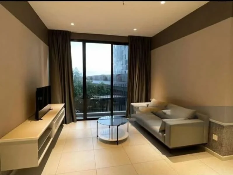 Living features: floor-to-ceiling windows, grey fabric sofa, coffee table with glass top, TV console with storage, cream painted walls, recessed downlights, curtains, tile flooring, view of greenery; style: modern; view: garden.