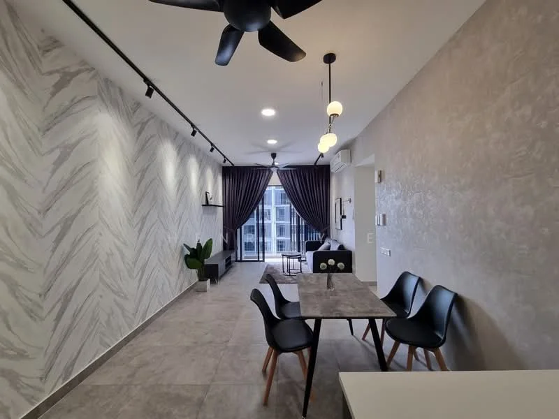Dining features: grey marble tile flooring, textured feature wall with herringbone pattern, light grey painted walls, black ceiling fan, pendant lighting, dining table with grey surface, 4 black dining chairs, large window with sheer curtains, indoor plant in ceramic pot, wall-mounted TV, built-in shelving unit; style: modern; view: city.