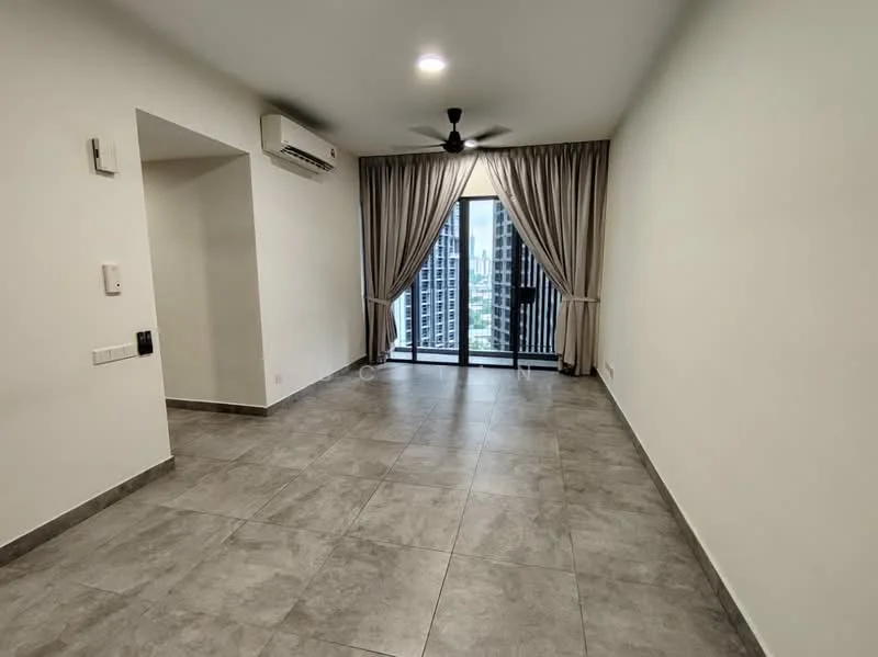 Living features: grey ceramic tile flooring, white painted walls, recessed downlights, 5-blade ceiling fan, floor-to-ceiling windows, curtains, sliding glass door, balcony access; style: modern; view: city.