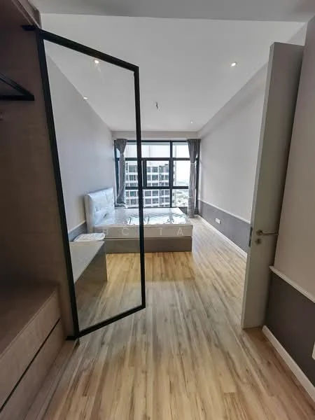 Bedroom features: wooden flooring, grey painted walls, floor-to-ceiling windows, sheer curtains, queen-size bed, upholstered headboard, built-in wardrobe, decorative mirror, recessed downlights; style: modern; view: city.