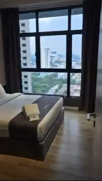 Bedroom features: king-size bed, upholstered headboard, bedside lamps, floor-to-ceiling windows, curtains, wooden flooring, city view, decorative wall art, built-in wardrobe; style: modern; view: city.