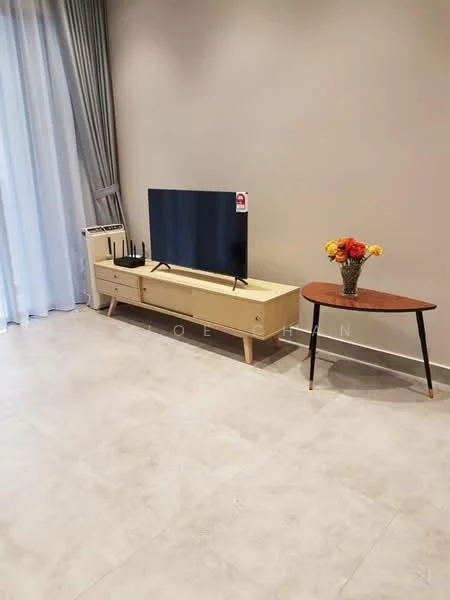 Living features: light grey painted walls, large floor-to-ceiling windows with sheer curtains, light-colored wooden TV console, black flat-screen TV, decorative vase with flowers on side table, round wooden side table with black legs, neutral-colored tile flooring, wall-mounted air conditioning unit; style: modern.