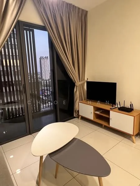Living features: floor-to-ceiling sliding glass door, curtains in beige, wall-mounted TV, TV console in wood and white, modern coffee table with two-tone design, ceramic tile flooring, neutral painted walls, router on TV console; style: modern; view: city.
