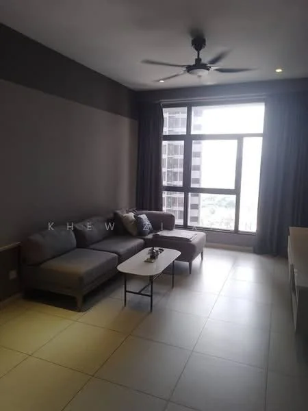 Living features: 3-seater fabric sofa in grey, coffee table, floor-to-ceiling windows, curtains, ceiling fan, light-colored tile flooring, neutral wall color, decorative items on coffee table; style: modern; view: city.
