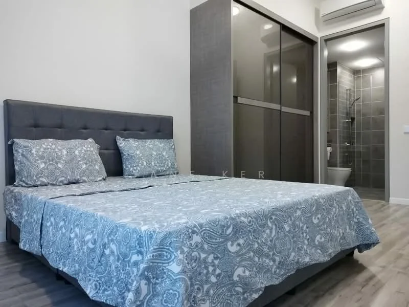 Bedroom features: king-size bed with upholstered headboard, blue paisley patterned bedding, two decorative pillows, laminate flooring, wall-mounted air conditioning unit, built-in wardrobe with sliding doors, grey accent wall, en-suite bathroom visible; style: modern.