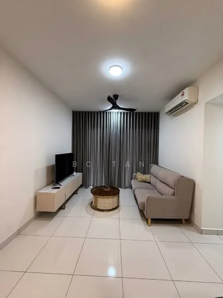 Living features: light grey fabric 2-seater sofa, wooden coffee table, TV console, wall-mounted TV, recessed ceiling light, 5-blade ceiling fan, white painted walls, white tiled flooring, floor-to-ceiling curtains; style: modern.