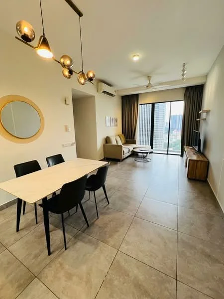 Living features: grey tiled flooring, cream painted walls, 5-blade ceiling fan with light, sofa in beige, coffee table, wall-mounted TV, TV console, floor-to-ceiling windows, curtains, dining table with 4 black chairs, decorative mirror; style: modern; view: city.
