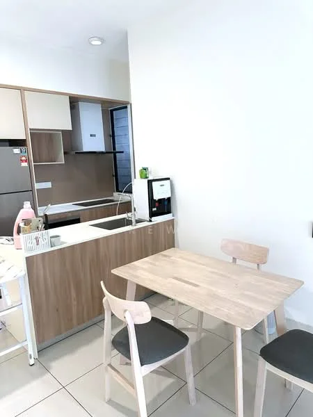 Kitchen features: light wood cabinetry, white countertop, stainless-steel sink, chrome pull-down faucet, built-in fridge, ceramic tile flooring, recessed downlights, open shelving, kitchen island, dining table with light wood finish, two wooden chairs with grey cushions; style: modern.