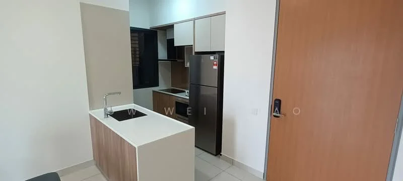 Kitchen features: single-bowl stainless-steel sink, chrome pull-down faucet, white quartz countertop, wood cabinetry with flat-panel design, stainless-steel fridge, black built-in oven, ceramic tile flooring, white painted walls, window with black frame, open shelving; style: modern.