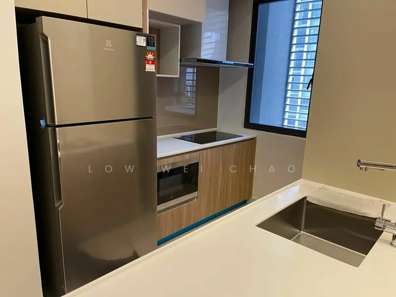 Kitchen features: stainless-steel fridge, single-bowl stainless-steel sink, chrome pull-down faucet, white quartz countertop, wood cabinetry, built-in oven, ceramic tile backsplash, recessed downlights, floor-to-ceiling window, grey painted walls; style: modern; view: city.