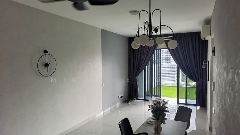 Living features: white painted walls, grey accent wall, polished tile flooring, 5-blade ceiling fan, chandelier with multiple bulbs, floor-to-ceiling windows, sliding glass door, dark curtains, dining table with chairs, decorative wall clock, indoor plants; style: modern; view: garden.