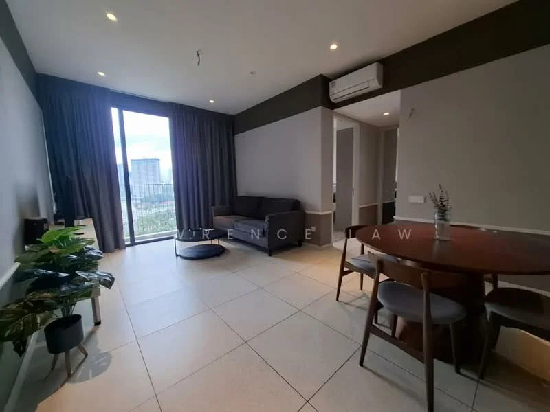 Living features: grey fabric sofa, round coffee table, dining table for four, wooden dining chairs, floor-to-ceiling windows, curtains, air conditioning unit, tile flooring, decorative plant, wall-mounted TV, neutral wall colour, light fixtures; style: modern; view: city.
