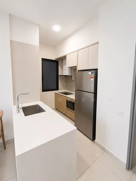 Kitchen features: white quartz countertop, single-bowl stainless-steel sink, chrome pull-down faucet, built-in oven, freestanding range oven, stainless-steel fridge, light wood cabinetry, grey tile backsplash, ceramic tile flooring, recessed LED downlights, floor-to-ceiling window, open shelving; style: modern.