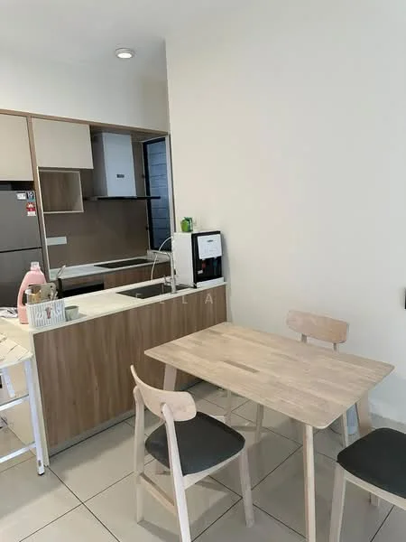 Kitchen features: light wood cabinetry, white countertop, stainless-steel fridge, built-in oven, ceramic tile flooring, single-bowl stainless-steel sink, chrome pull-down faucet, open shelving, kitchen island with seating, wall-mounted cabinets, modern dining table, two wooden chairs with cushions; style: modern.